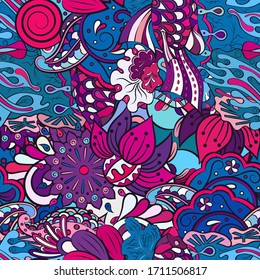 Tracery seamless pattern. Mehndi design. Ethnic colorful doodle texture. Curved doodling background. Vector