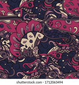 Tracery seamless pattern. Mehndi design. Ethnic colorful doodle texture. Curved doodling background. Vector