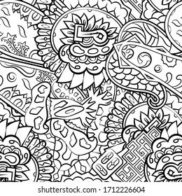 Tracery seamless pattern. Mehndi design. Ethnic monochrome binary doodle texture. Curved doodling black and white background. Vector