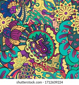 Tracery seamless pattern. Mehndi design. Ethnic colorful doodle texture. Curved doodling background. Vector