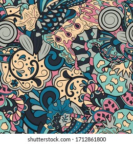 Tracery seamless pattern. Mehndi design. Ethnic colorful doodle texture. Curved doodling background. Vector