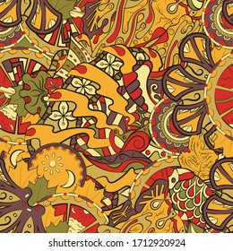 Tracery seamless pattern. Mehndi design. Ethnic colorful doodle texture. Curved doodling background. Vector