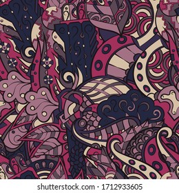 Tracery seamless pattern. Mehndi design. Ethnic colorful doodle texture. Curved doodling background. Vector