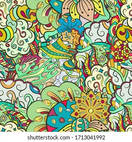 Tracery seamless pattern. Mehndi design. Ethnic colorful doodle texture. Curved doodling background. Vector