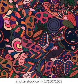 Tracery seamless pattern. Mehndi design. Ethnic colorful doodle texture. Curved doodling background. Vector