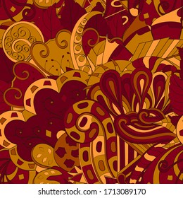 Tracery seamless pattern. Mehndi design. Ethnic colorful doodle texture. Curved doodling background. Vector