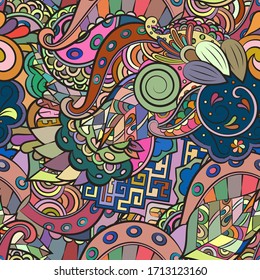 Tracery seamless pattern. Mehndi design. Ethnic colorful doodle texture. Curved doodling background. Vector