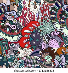 Tracery seamless pattern. Mehndi design. Ethnic colorful doodle texture. Curved doodling background. Vector