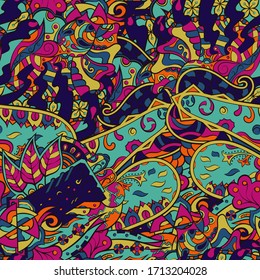 Tracery seamless pattern. Mehndi design. Ethnic colorful doodle texture. Curved doodling background. Vector