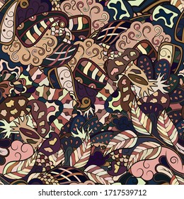 Tracery seamless pattern. Mehndi design. Ethnic colorful doodle texture. Curved doodling background. Vector