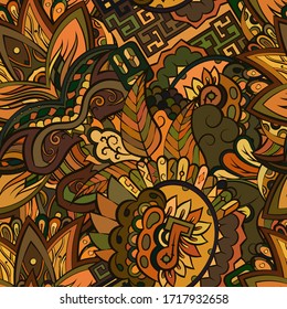 Tracery seamless pattern. Mehndi design. Ethnic colorful doodle texture. Curved doodling background. Vector