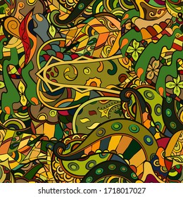 Tracery seamless pattern. Mehndi design. Ethnic colorful doodle texture. Curved doodling background. Vector