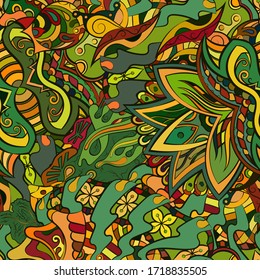 Tracery seamless pattern. Mehndi design. Ethnic colorful doodle texture. Curved doodling background. Vector