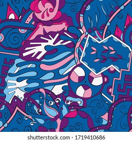 Tracery seamless pattern. Mehndi design. Ethnic colorful doodle texture. Curved doodling background. Vector