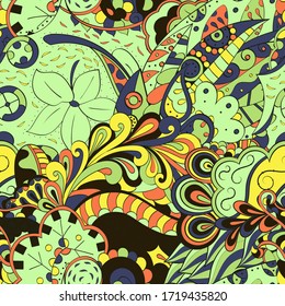 Tracery seamless pattern. Mehndi design. Ethnic colorful doodle texture. Curved doodling background. Vector