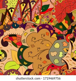 Tracery seamless pattern. Mehndi design. Ethnic colorful doodle texture. Curved doodling background. Vector