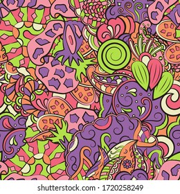 Tracery seamless pattern. Mehndi design. Ethnic colorful doodle texture. Curved doodling background. Vector