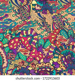 Tracery seamless pattern. Mehndi design. Ethnic colorful doodle texture. Curved doodling background. Vector