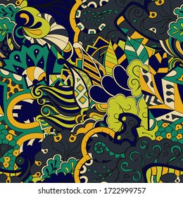 Tracery seamless pattern. Mehndi design. Ethnic colorful doodle texture. Curved doodling background. Vector