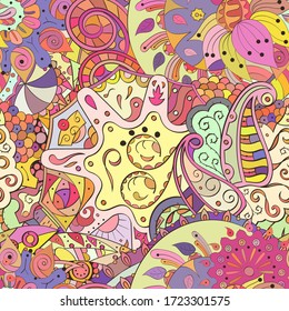 Tracery seamless pattern. Mehndi design. Ethnic colorful doodle texture. Curved doodling background. Vector