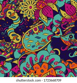 Tracery seamless pattern. Mehndi design. Ethnic colorful doodle texture. Curved doodling background. Vector