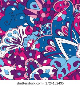 Tracery seamless pattern. Mehndi design. Ethnic colorful doodle texture. Curved doodling background. Vector
