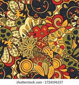Tracery seamless pattern. Mehndi design. Ethnic colorful doodle texture. Curved doodling background. Vector
