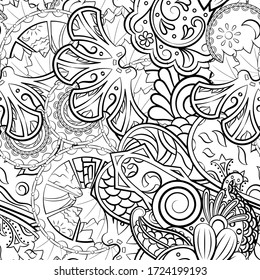 Tracery seamless pattern. Mehndi design. Ethnic monochrome binary doodle texture. Curved doodling black and white background. Vector