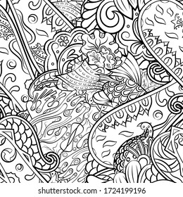 Tracery seamless pattern. Mehndi design. Ethnic monochrome binary doodle texture. Curved doodling black and white background. Vector