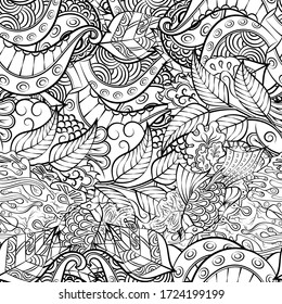Tracery seamless pattern. Mehndi design. Ethnic monochrome binary doodle texture. Curved doodling black and white background. Vector