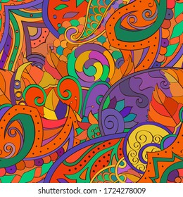 Tracery seamless pattern. Mehndi design. Ethnic colorful doodle texture. Curved doodling background. Vector