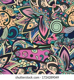 Tracery seamless pattern. Mehndi design. Ethnic colorful doodle texture. Curved doodling background. Vector