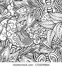 Tracery seamless pattern. Mehndi design. Ethnic monochrome binary doodle texture. Curved doodling black and white background. Vector