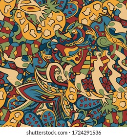 Tracery seamless pattern. Mehndi design. Ethnic colorful doodle texture. Curved doodling background. Vector