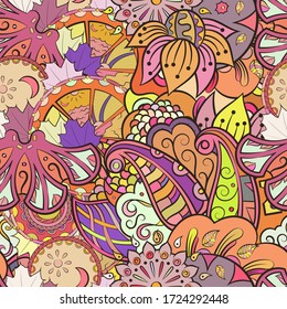 Tracery seamless pattern. Mehndi design. Ethnic colorful doodle texture. Curved doodling background. Vector