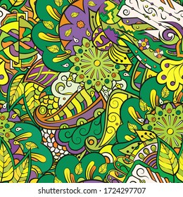 Tracery seamless pattern. Mehndi design. Ethnic colorful doodle texture. Curved doodling background. Vector