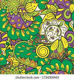 Tracery seamless pattern. Mehndi design. Ethnic colorful doodle texture. Curved doodling background. Vector