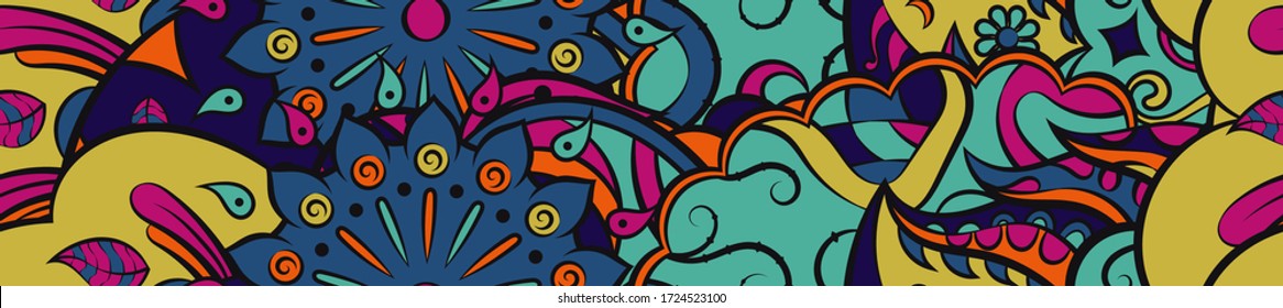 Tracery seamless pattern. Mehndi design. Ethnic colorful doodle texture. Curved doodling background. Vector