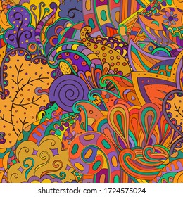 Tracery seamless pattern. Mehndi design. Ethnic colorful doodle texture. Curved doodling background. Vector