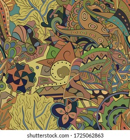 Tracery seamless pattern. Mehndi design. Ethnic colorful doodle texture. Curved doodling background. Vector