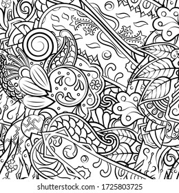 Tracery seamless pattern. Mehndi design. Ethnic monochrome binary doodle texture. Curved doodling black and white background. Vector