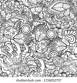 Tracery seamless pattern. Mehndi design. Ethnic monochrome binary doodle texture. Curved doodling black and white background. Vector