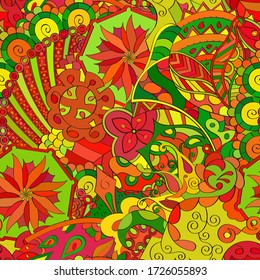 Tracery seamless pattern. Mehndi design. Ethnic colorful doodle texture. Curved doodling background. Vector