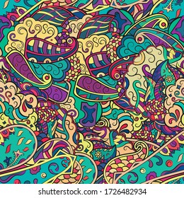 Tracery seamless pattern. Mehndi design. Ethnic colorful doodle texture. Curved doodling background. Vector