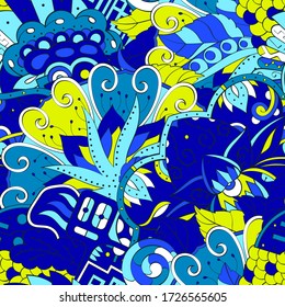 Tracery seamless pattern. Mehndi design. Ethnic colorful doodle texture. Curved doodling background. Vector