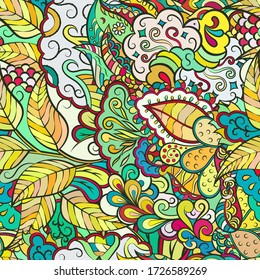 Tracery seamless pattern. Mehndi design. Ethnic colorful doodle texture. Curved doodling background. Vector