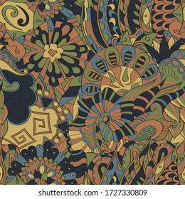 Tracery seamless pattern. Mehndi design. Ethnic colorful doodle texture. Curved doodling background. Vector
