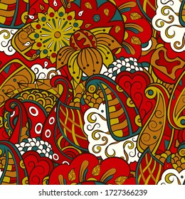 Tracery seamless pattern. Mehndi design. Ethnic colorful doodle texture. Curved doodling background. Vector