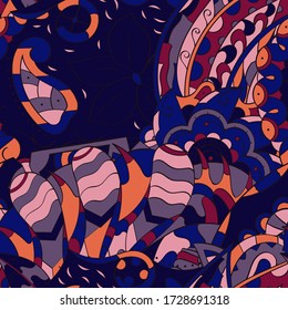 Tracery seamless pattern. Mehndi design. Ethnic colorful doodle texture. Curved doodling background. Vector