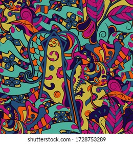Tracery seamless pattern. Mehndi design. Ethnic colorful doodle texture. Curved doodling background. Vector